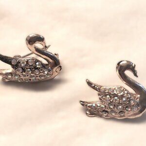 Vintage Pair of Silver-tone and Rhinestone Swan Pins-Circa 40s-50s-Good Cond.